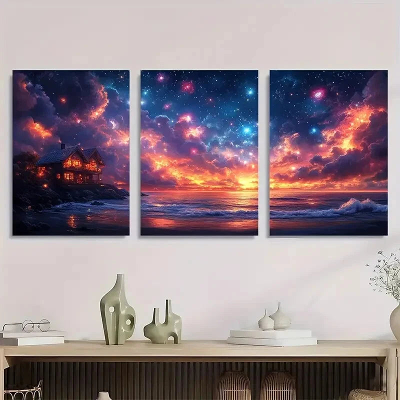 3pcs Bright Warm Waffle House Scene Colorful Metal Print Ready to Hang Art