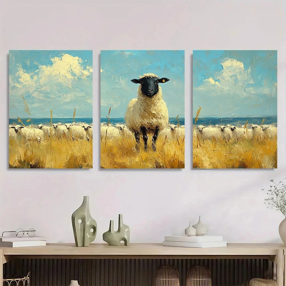 3pcs A Black Sheep Grassy Field Metal Print Ready to Hang Art