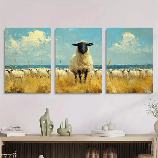 3pcs A Black Sheep Grassy Field Metal Print Ready to Hang Art