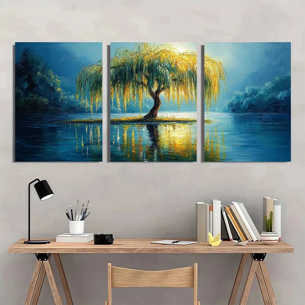 3pcs Serene Willow Tree Oil Painting Metal Print Ready to Hang Art