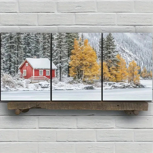 3pcs Snowy Cabin and Autumn Trees Scenery Metal Print Ready to Hang Art
