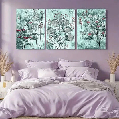 3pcs Blue & Green Leaf Design with Red Berries Art Set Canvas Unframed - High Quality Print 100% Australian Made Wall Canvas