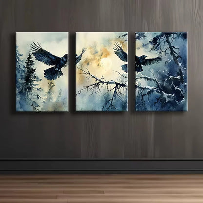 3pcs Crow on Branch Design Wall Art Set Canvas Framed 50x70cm - High Quality Print 100% Australian Made Wall Canvas Ready to Hang