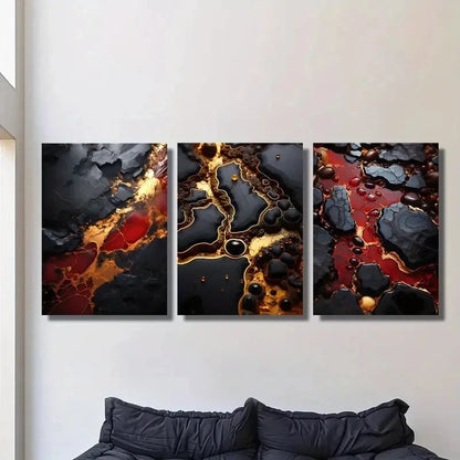 3pcs Golden red black texture art, Metal Print Ready to Hang Art