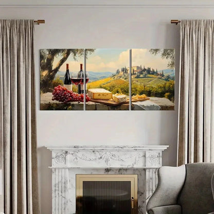 3pcs Tuscany Landscape Wine And Cheese Metal Print Ready to Hang Art