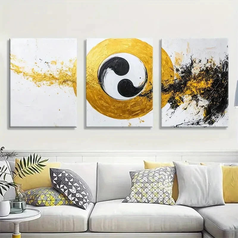 3pcs Modern Yin Yang Golden Black White Abstract Metal Print Ready to Hang Art
