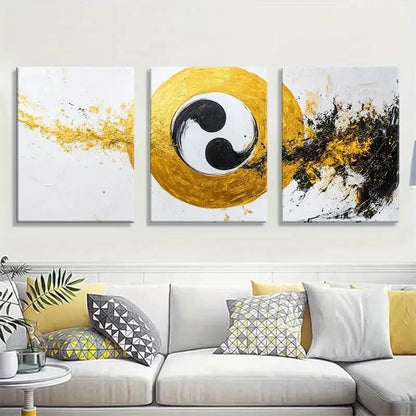 3pcs Modern Yin Yang Golden Black White Abstract Metal Print Ready to Hang Art