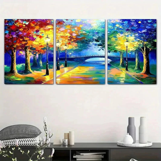 3pcs Serene River & Colorful Trees Sunlit Metal Print Ready to Hang Art