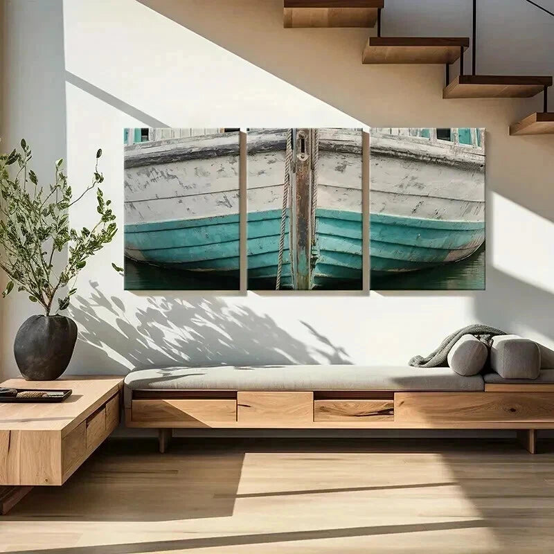 3pcs Vintage Weathered Wooden Boat Wall Art Set Canvas Framed 40x60cm - High Quality Print 100% Australian Made Wall Canvas Ready to Hang