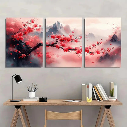 3pcs Pink Sakura Tree with Mountains and Clouds Metal Print Ready to Hang Art
