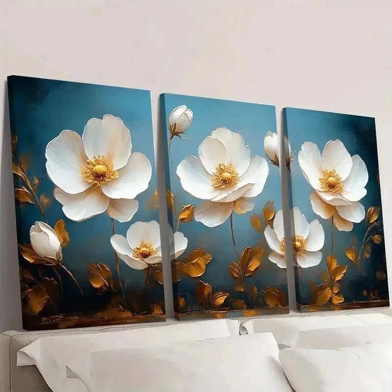 3pcs Golden Leaves - Classic White Flowers p Wall Art Set Canvas Framed 50x70cm - High Quality Print 100% Australian Made Wall Canvas Ready to Hang