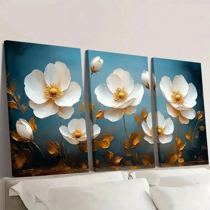 3pcs Golden Leaves - Classic White Flowers p Wall Art Set Canvas Framed 50x70cm - High Quality Print 100% Australian Made Wall Canvas Ready to Hang