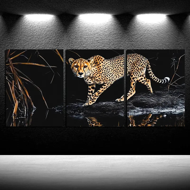 3pcs Lonely Leopard Nature Inspired Design Metal Print Ready to Hang Art
