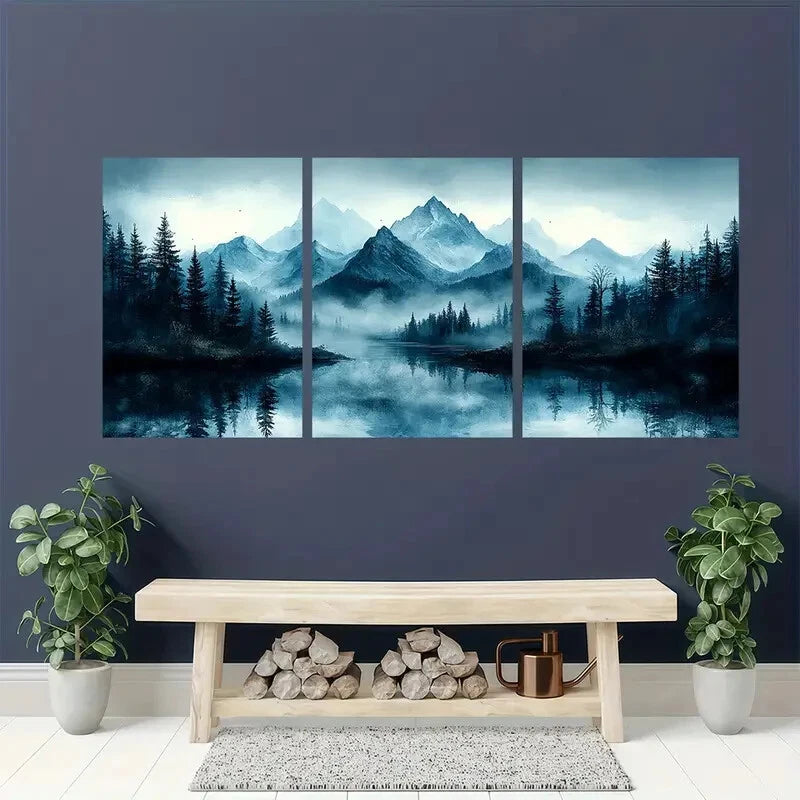 3pcs Abstract Misty Forest & Mountain Landscape Metal Print Ready to Hang Art