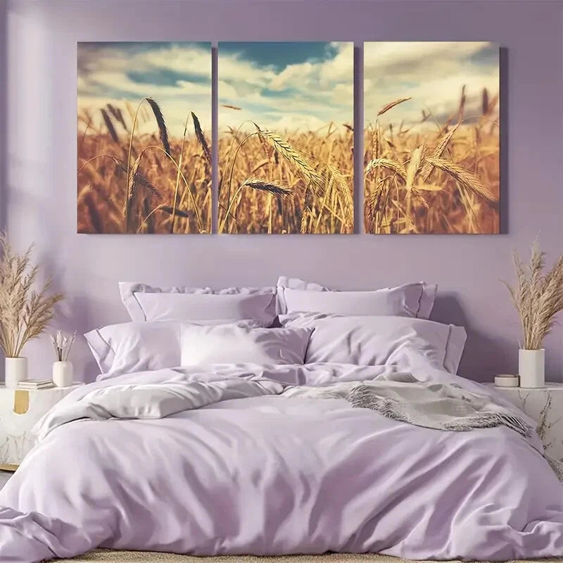 3pcs Golden Wheat Field Photography Farmhouse Metal Print Ready to Hang Art