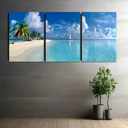 3pcs Blue Crystal Clear Sea & White Sandy Wall Art Set Canvas Framed 50x70cm - High Quality Print 100% Australian Made Wall Canvas Ready to Hang