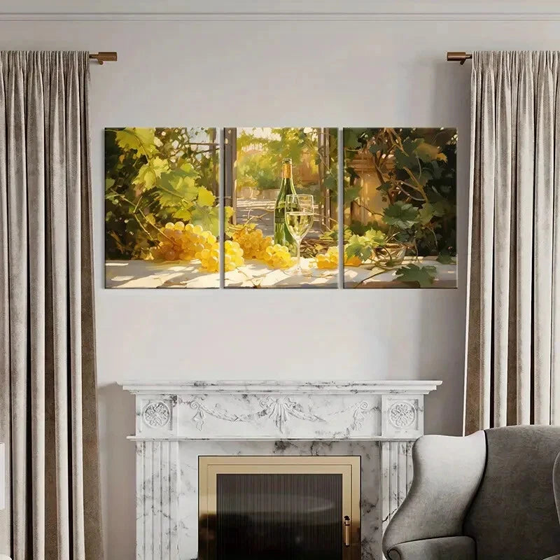 3pcs Vintage Wine & Grape Vineyard Sunlit Scene Metal Print Ready to Hang Art