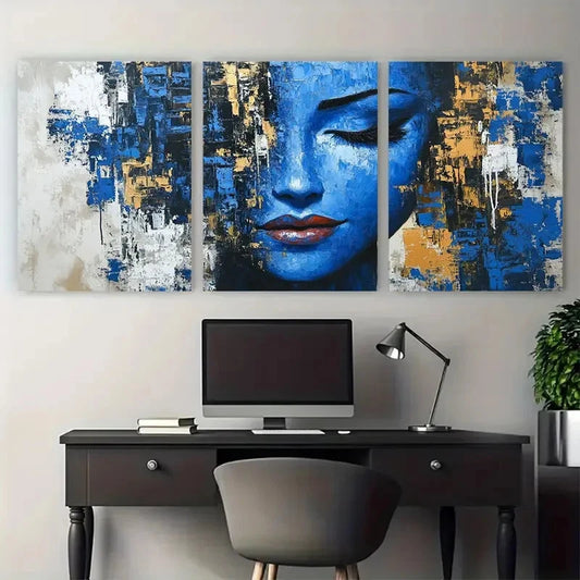 3pcs Modern Figurative Woman Face in Blue Klimt Wall Art Set Canvas Framed 50x70cm - High Quality Print 100% Australian Made Wall Canvas Ready to Hang