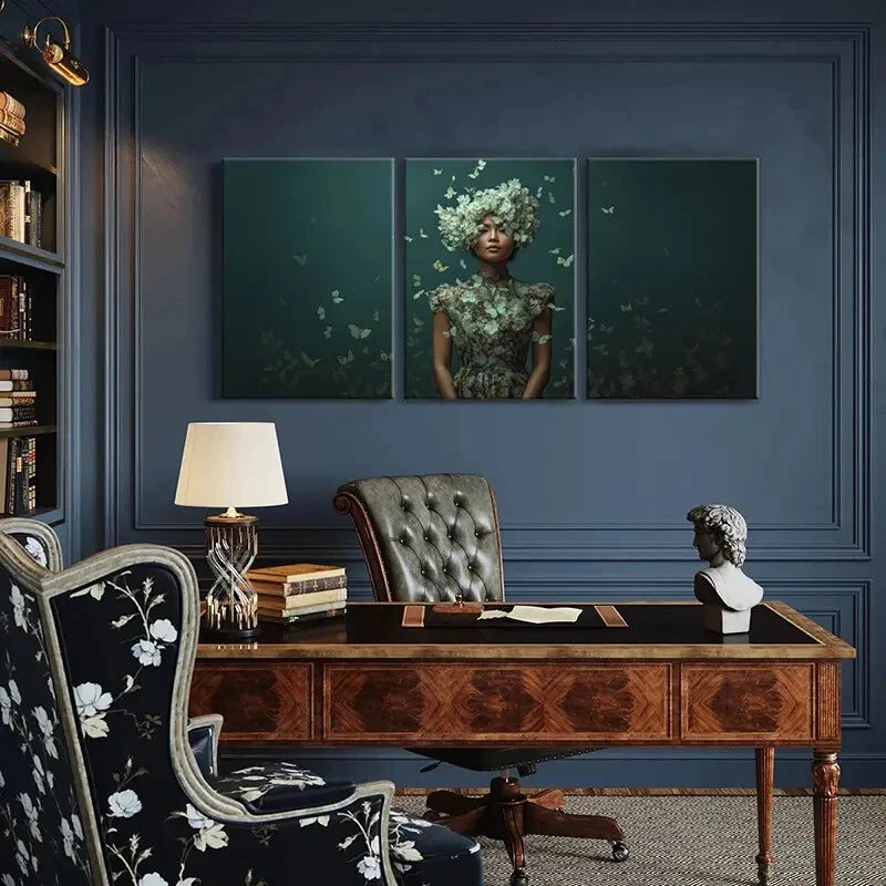 3pcs Elegant Woman Floral Crown Butterfly Surround Metal Print Ready to Hang Art