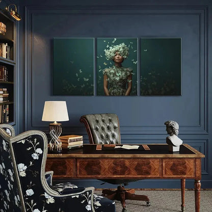 3pcs Elegant Woman Floral Crown Butterfly Surround Metal Print Ready to Hang Art