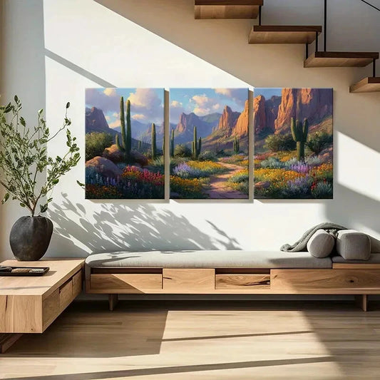 3pcs Desert Landscape Cactus Mountains Pathway Metal Print Ready to Hang Art