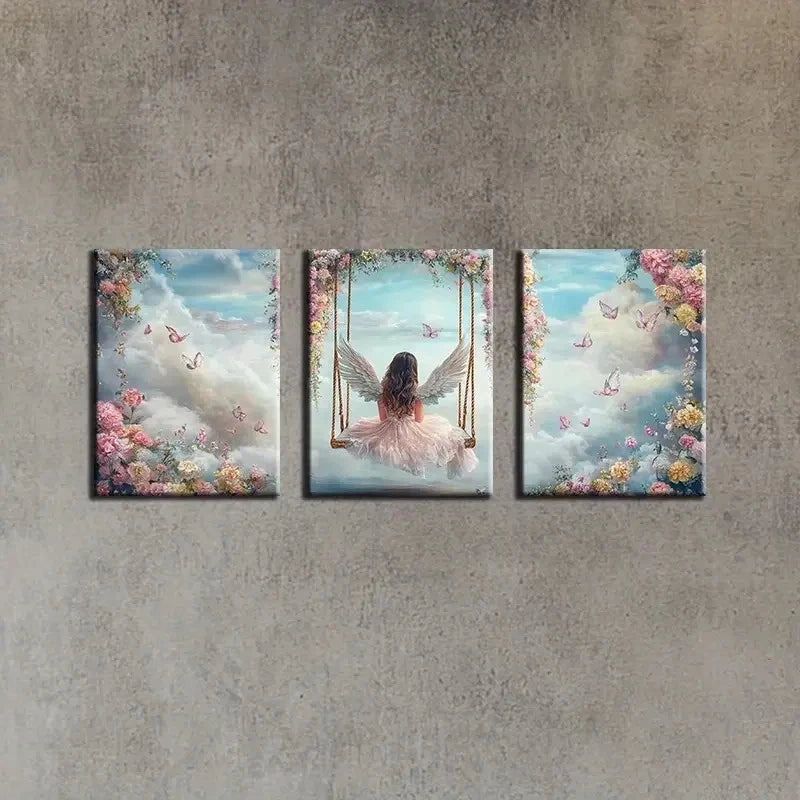 3pcs Angel Sitting On A Swing Artwork Metal Print Ready to Hang Art