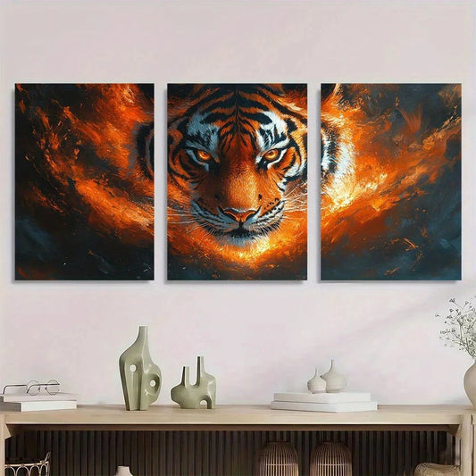 3pcs Glowing Tiger Vibrant Orange & Black Metal Print Ready to Hang Art