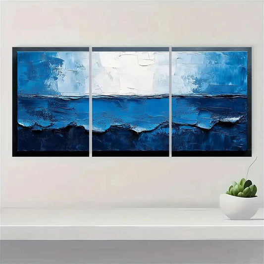 3pcs Blue and Gray Abstract Textured Painting Metal Print Ready to Hang Art