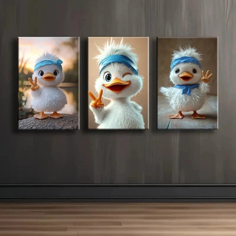 3pcs Cute White Duck Painting Wall Art Set Canvas Framed 40x60cm - High Quality Print 100% Australian Made Wall Canvas Ready to Hang