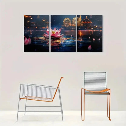 3pcs Night Market Lights Reflections Metal Print Ready to Hang Art