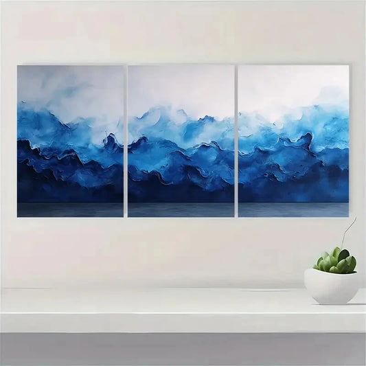 3pcs Cobalt Blue Painting Watercolor Art Aqua Metal Print Ready to Hang Art