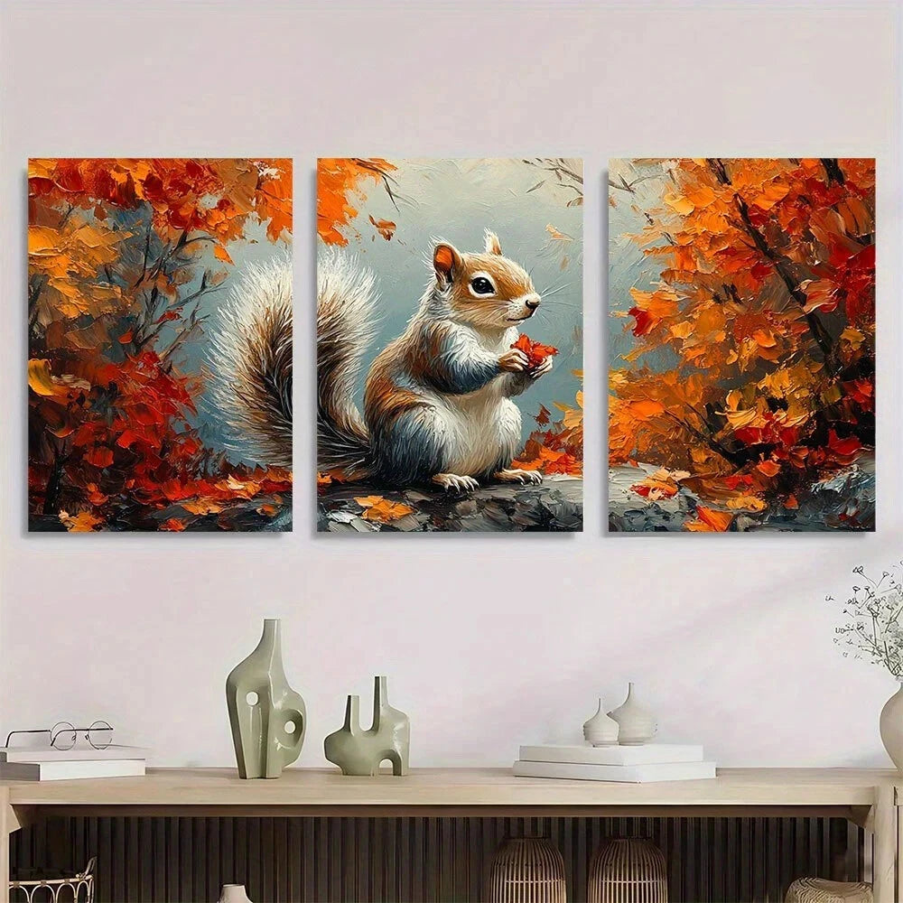 3pcs Squirrel Autumn Vibrant Orange & Red Leaves Metal Print Ready to Hang Art