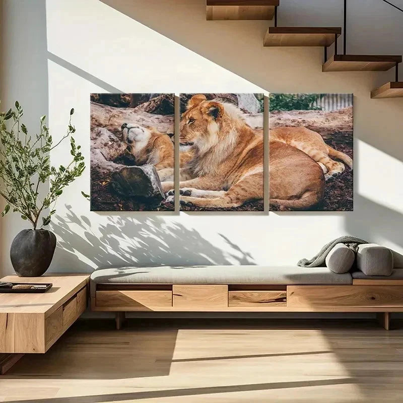 3pcs Lion Couple Animal Painting Wall Art Set Canvas Framed 40x60cm - High Quality Print 100% Australian Made Wall Canvas Ready to Hang
