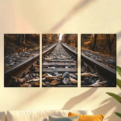 3pcs Railway covered with fallen leaves Wall Art Canvas Unframed - High Quality Print 100% Australian Made Wall Canvas