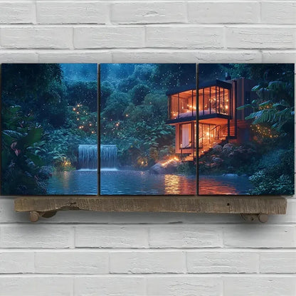 3pcs The Glass House by the River Nature Metal Print Ready to Hang Art