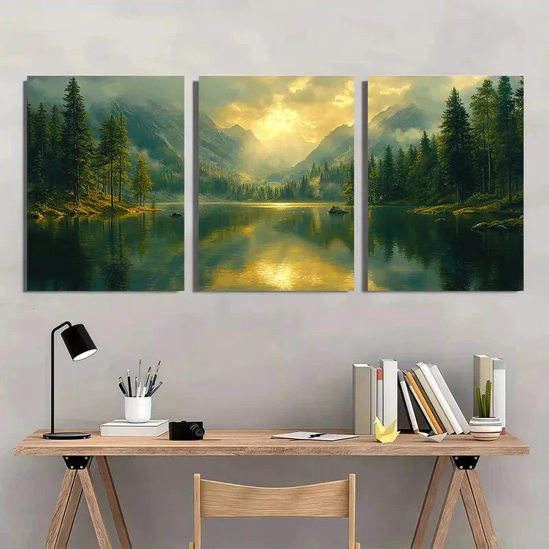 3pcs Abstract Green Forest Lake Nature Art Metal Print Ready to Hang Art