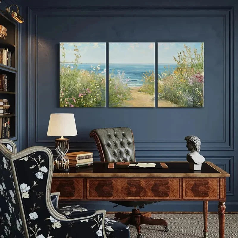 3pcs Seaside Pathway Floral Border Ocean View Metal Print Ready to Hang Art