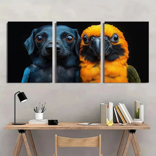3pcs Dachshund and Parrot Yellow and Blue Wall Art Set Canvas Framed 40x60cm - High Quality Print 100% Australian Made Wall Canvas Ready to Hang