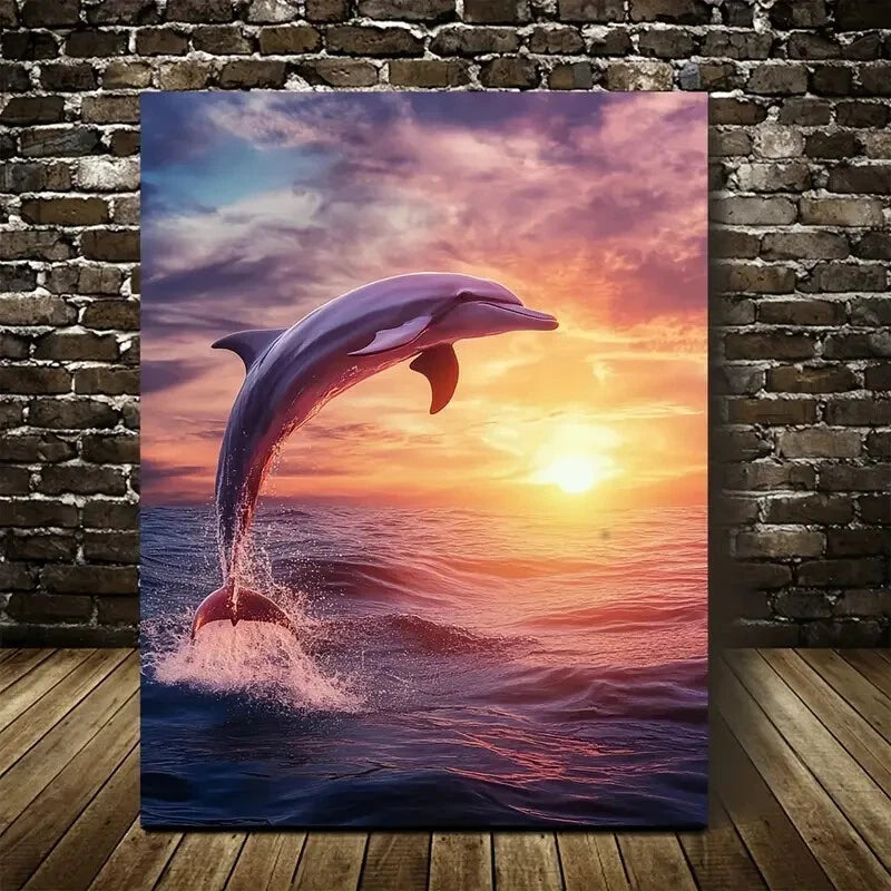 Photorealistic Dolphin Leap at Sunset Painting 40x60cm Metal Print Ready to Hang