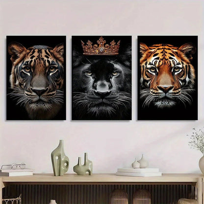 3pcs Majestic Lion & Tiger Ornate Crown Metal Print Ready to Hang Art