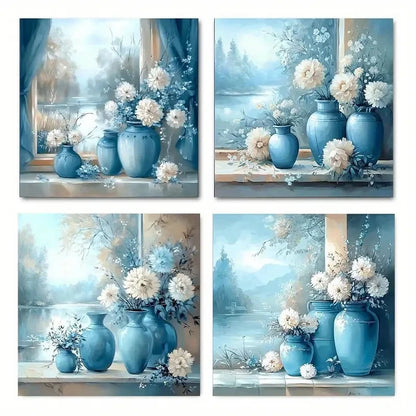 4pcs Blue & White Flower Vase Prints Wall Art Canvas Framed