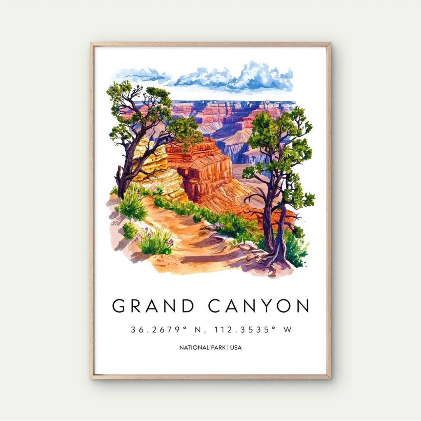 Grand Canyon National Park Watercolor Painting Travel Poster Print Wall Art - Bella Home Decor