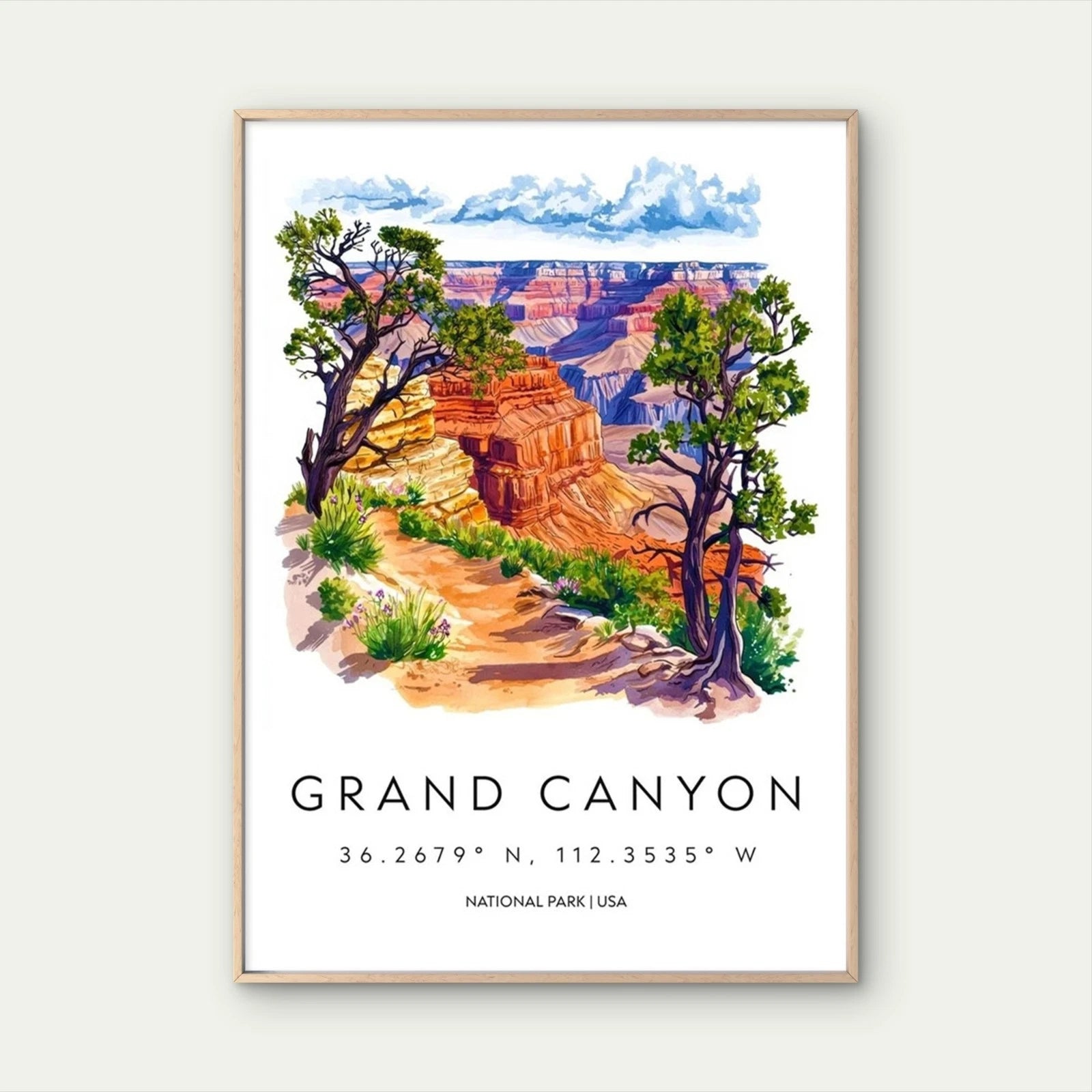 Grand Canyon National Park Watercolor Painting Travel Poster Print Wall Art - Bella Home Decor