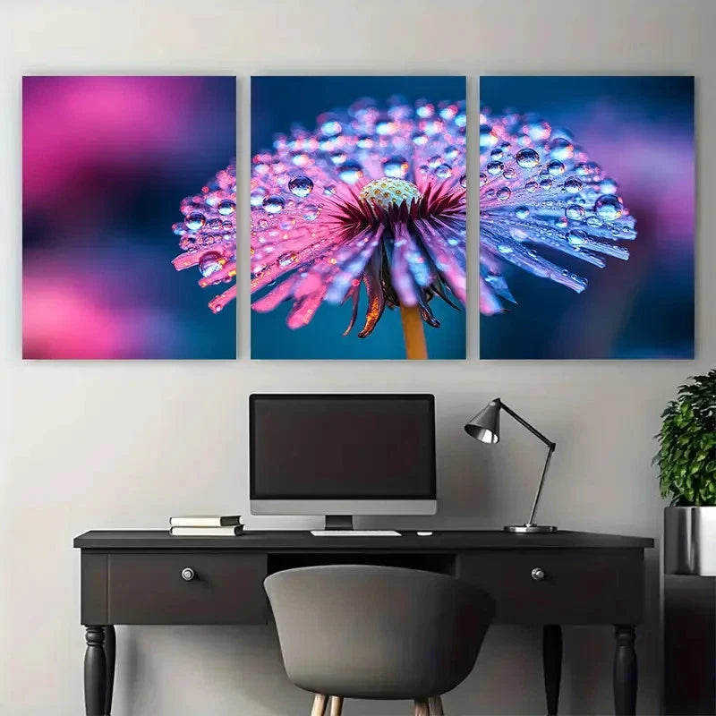 3pcs Dandelion with Water Droplets Soft Focus Metal Print Ready to Hang Art