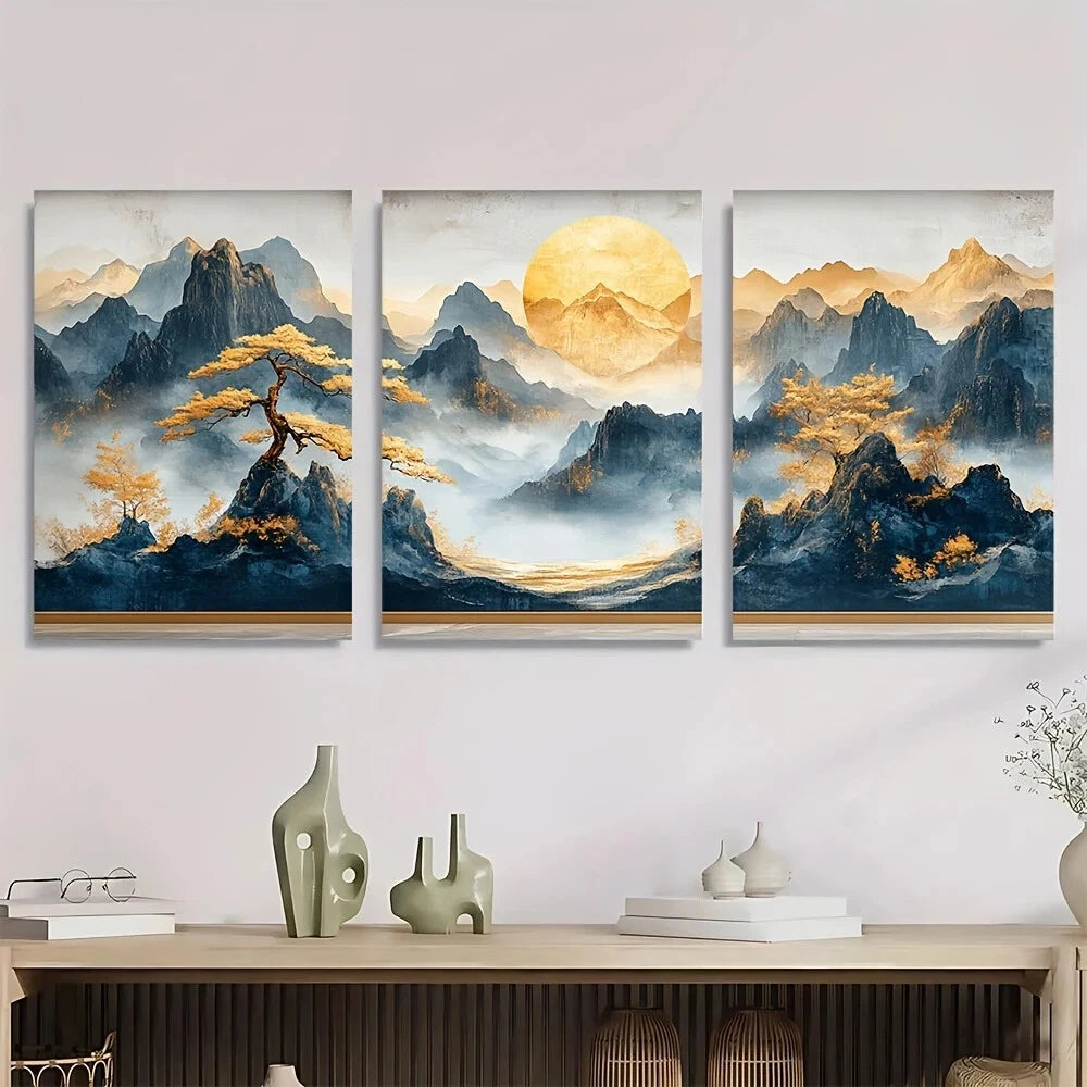 3pcs Golden Bonsai White Color Abstract Metal Print Ready to Hang Art