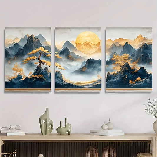 3pcs Golden Bonsai White Color Abstract Metal Print Ready to Hang Art