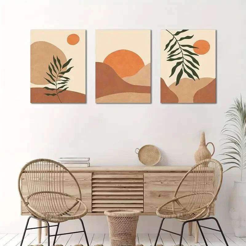 3pcs Minimalist Bohemian Leaf & Sunset  Metal Print Ready to Hang Art