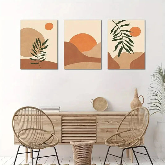 3pcs Minimalist Bohemian Leaf & Sunset  Metal Print Ready to Hang Art