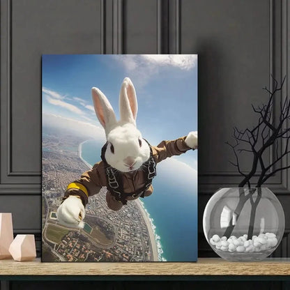 White Rabbit Skydiving Painting  40x60cm Metal Print Ready to Hang