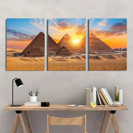 3pcs Pyramids of Giza Sunset Panoramic Wall Art Set Canvas Framed 40x60cm - High Quality Print 100% Australian Made Wall Canvas Ready to Hang